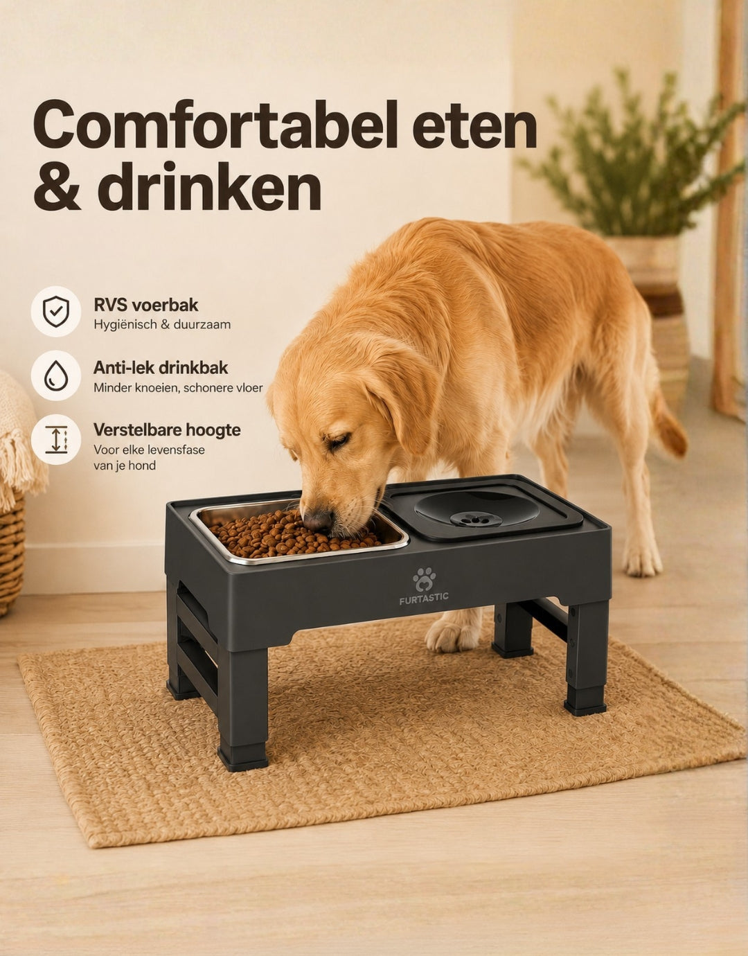 Tweedekans Verhoogde Voerbak en Drinkbak voor Honden - RVS voerbak + Anti-lek Drinkbak