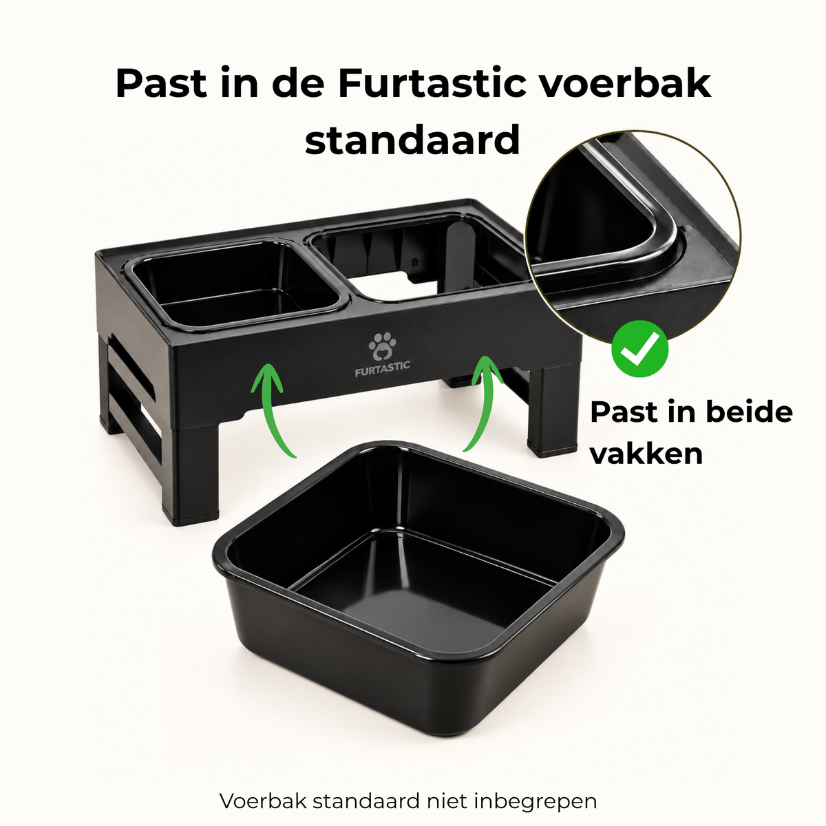 Kunststof voerbak past in beide vakken van de FURTASTIC voerbakstandaard