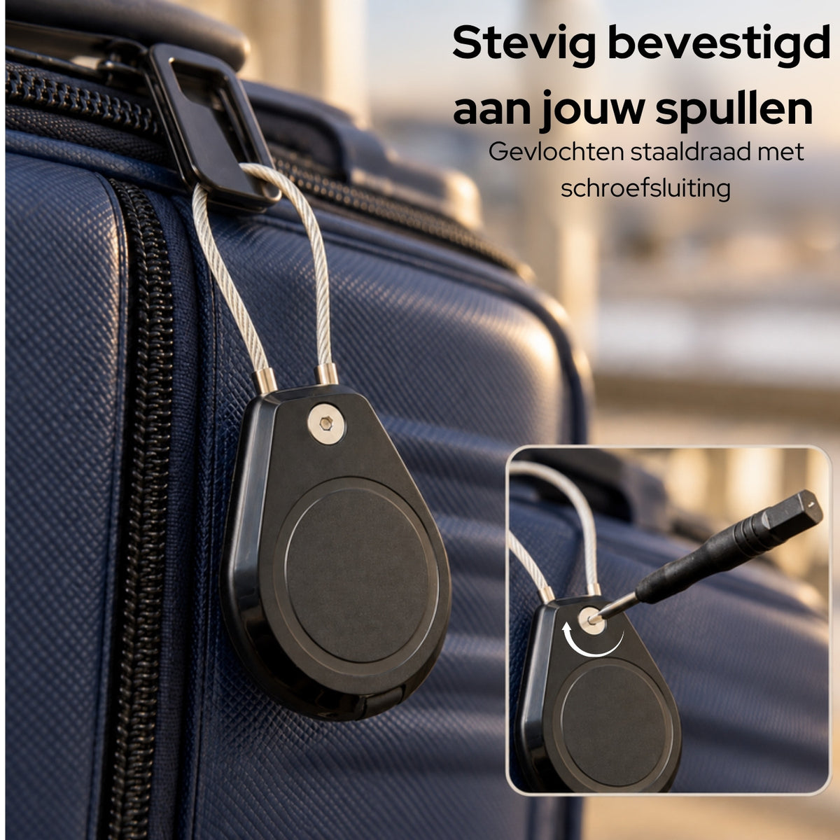 AirTag-houder met staaldraad aan de handgreep van een koffer